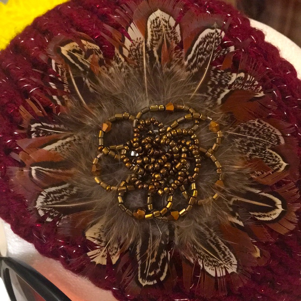 Burgundy Metallic Knit Wide Headband/Hat with Feather & Beaded Accent - Picture 2 of 10